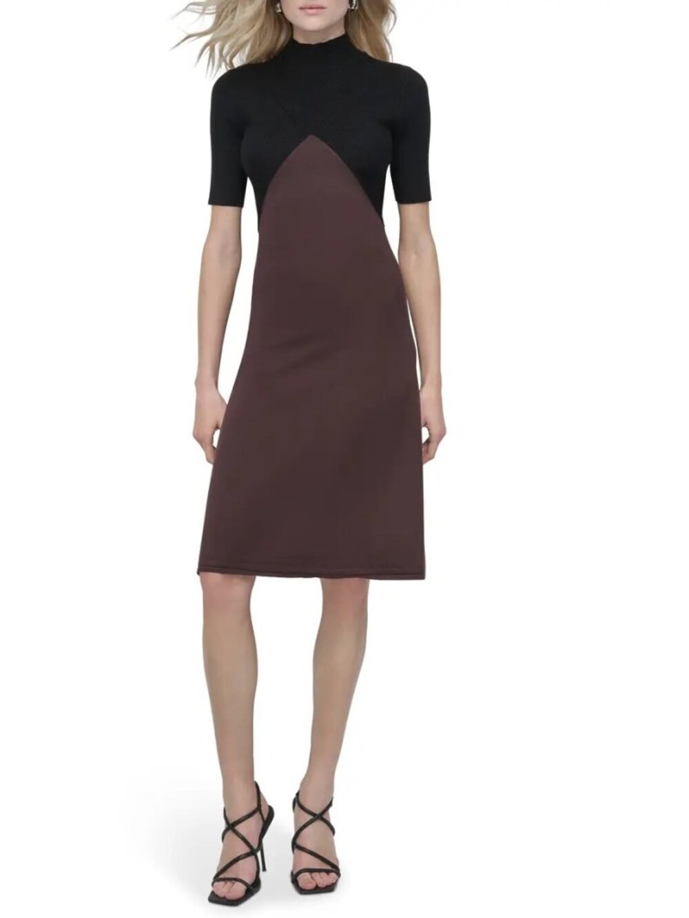 DKNY Colorblock Short Sleeve Turtleneck Sweater Dress in Black/Brown NWT